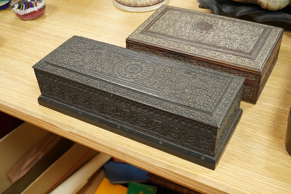 Five various 19th century boxes, variously detailed, largest 30cm wide